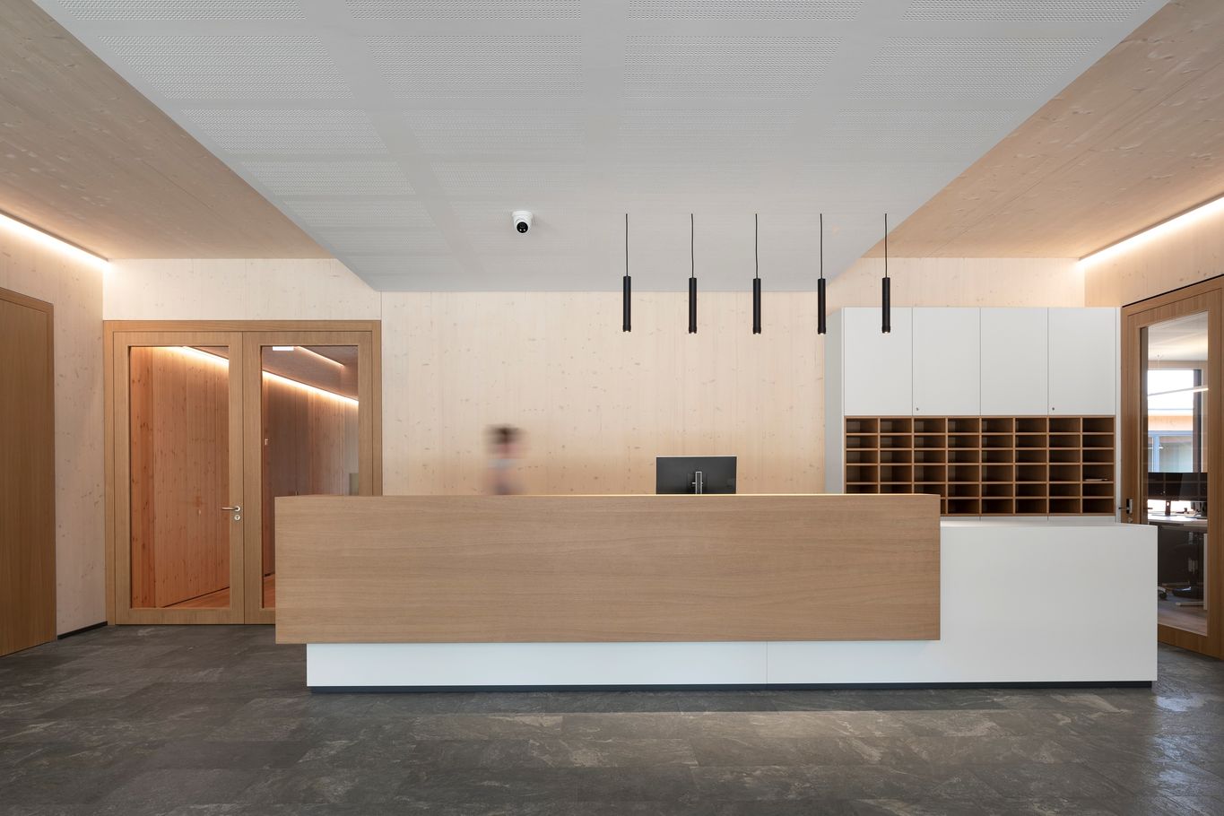 Reception area with suspended acoustic ceiling © www.florianhammerich.com