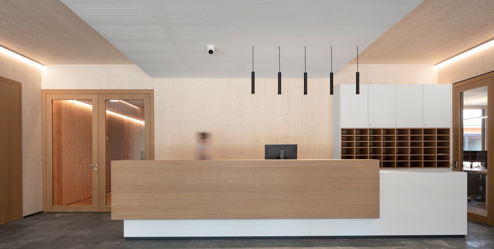 Reception area with suspended acoustic ceiling © www.florianhammerich.com