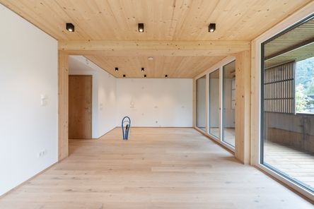 Salle de séjour avec éléments BBS en bois lamellé croisé dans une qualité habitat © Foto Gretter / Unterberger Immobilien